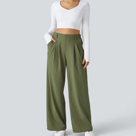 HALARA Pants - Halara Flex Women Small High Waisted Pocket Wide Waffle Work Loden Green Pants